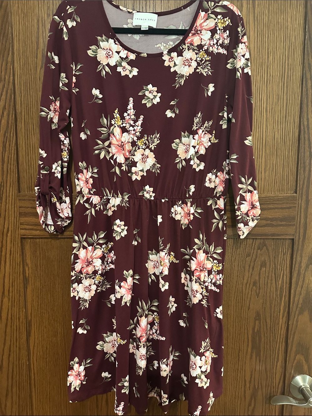 French Grey Burgundy Floral Long-Sleeve Midi Dress